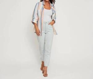 NEW ELSIE & ZOEY wynn striped long sleeve collared top in blue/beige stripe